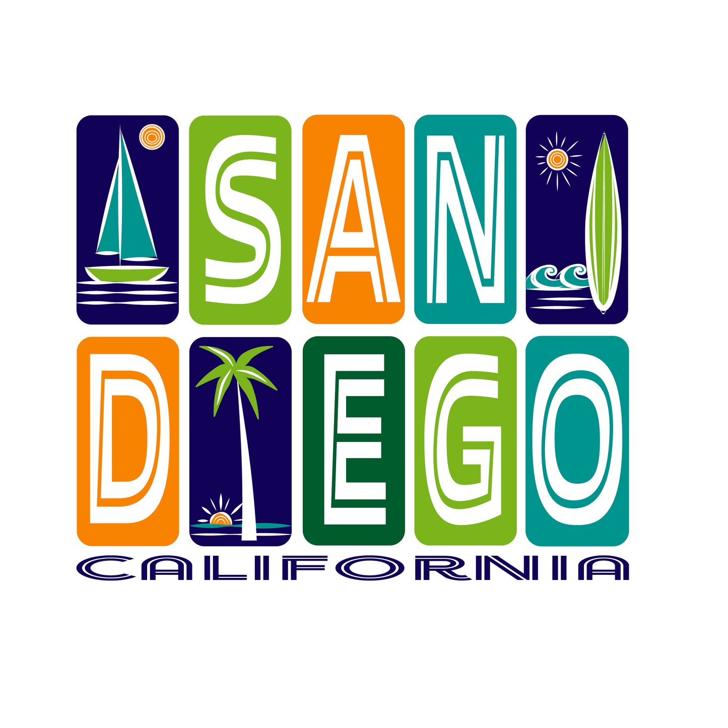 San Diego California Beach Surf, Sail & Palms graphic Cotton Reusable Tote Bag