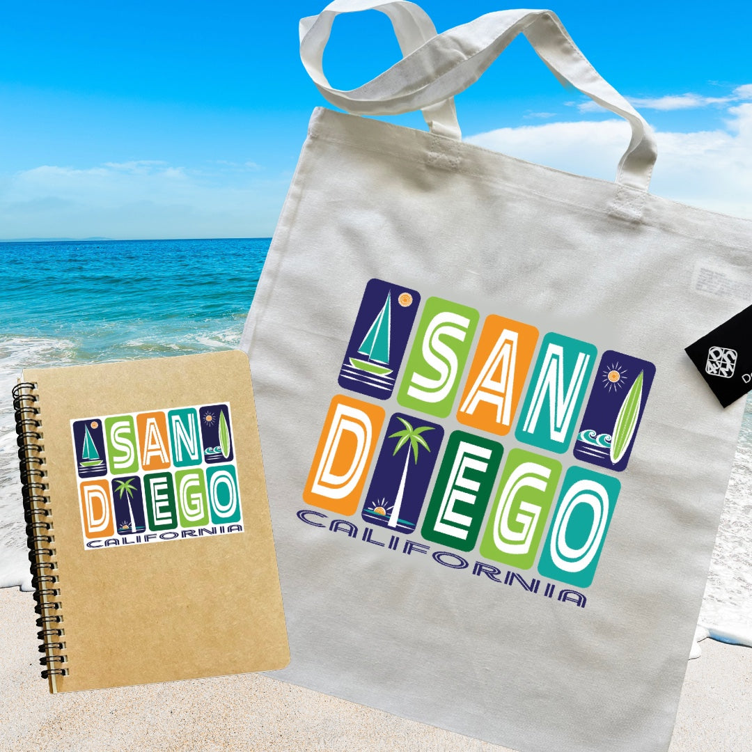 San Diego California Icons Kraft Notebook: Sailboat, Surfboard & Palm Tree