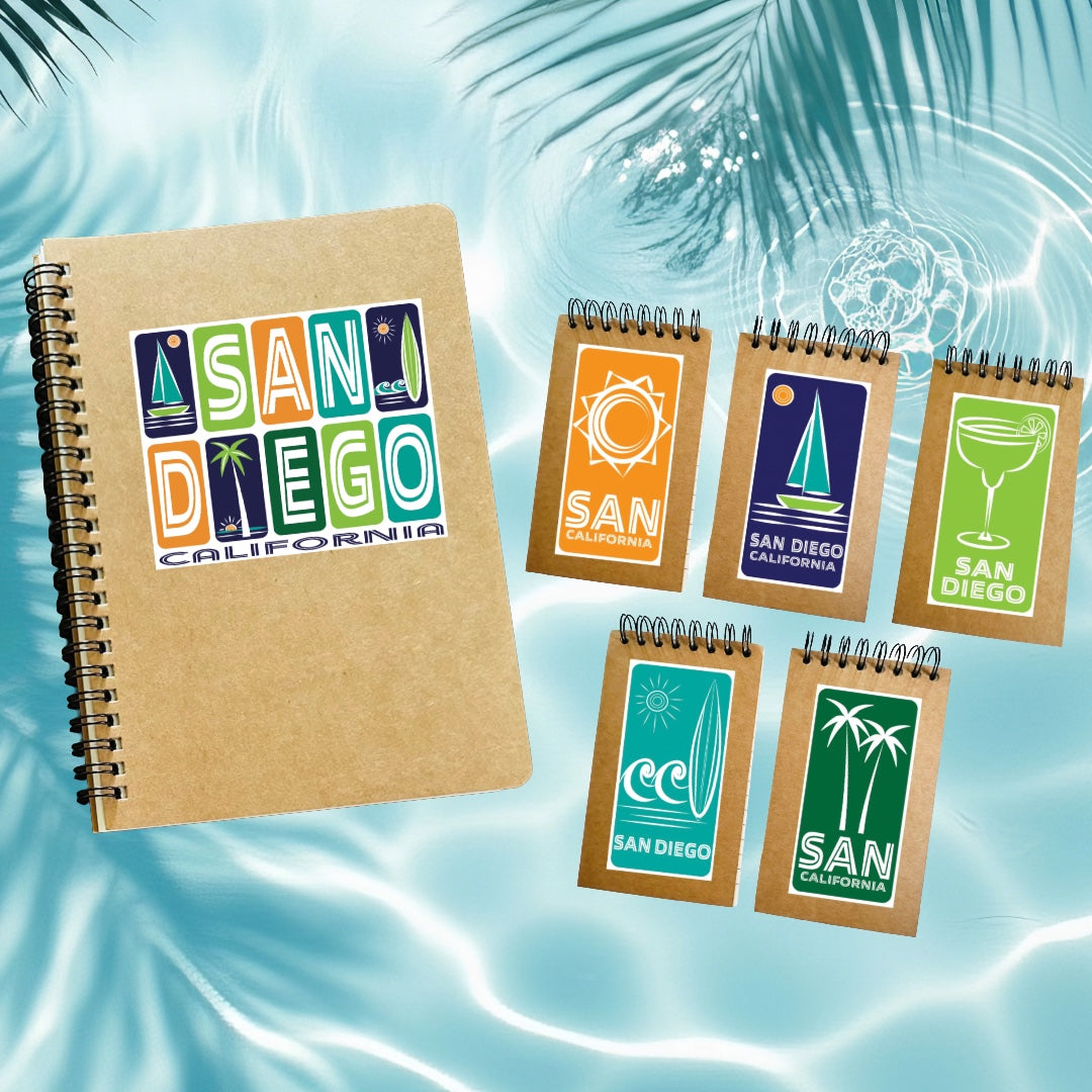 San Diego California Icons Kraft Notebook: Sailboat, Surfboard & Palm Tree