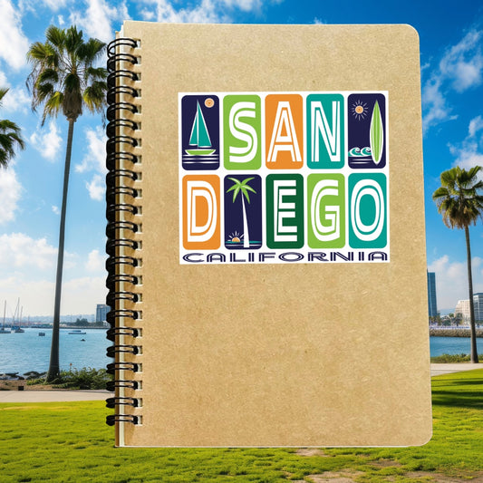 San Diego California Icons Kraft Notebook: Sailboat, Surfboard & Palm Tree