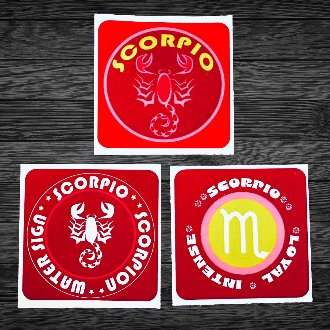 SCORPIO Bold Colorful Characteristic's & Traits Stickers Set of 3, Glossy Vinyl Decals