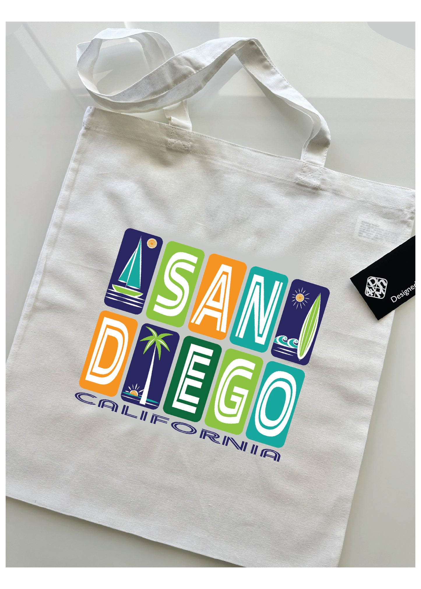 San Diego California Beach Surf, Sail & Palms graphic Cotton Reusable Tote Bag