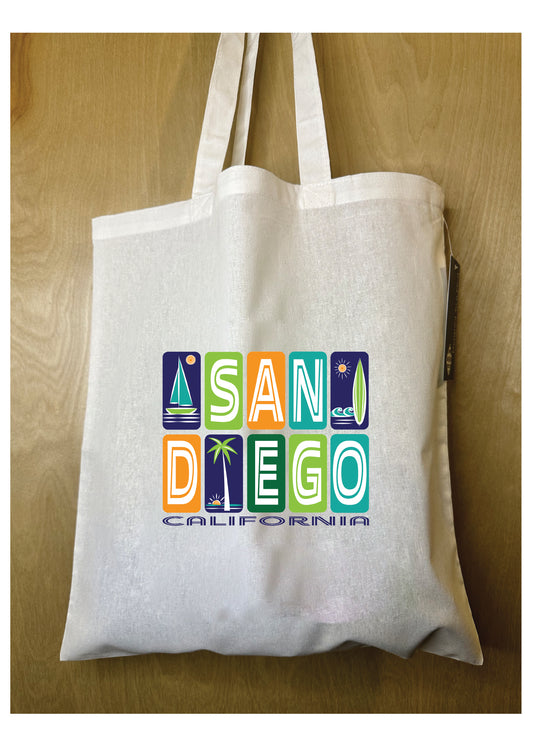 San Diego California Beach Surf, Sail & Palms graphic Cotton Reusable Tote Bag