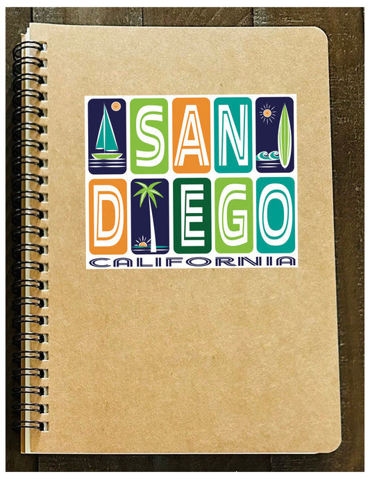 San Diego California Icons Kraft Notebook: Sailboat, Surfboard & Palm Tree