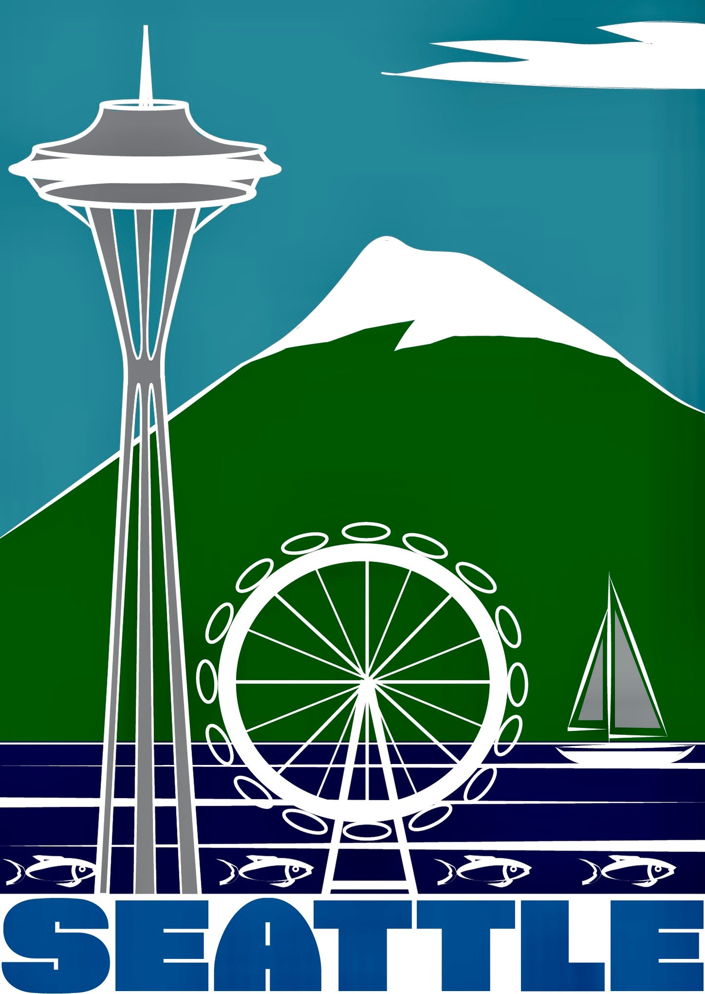 SEATTLE Wheel & Iconic LANDMARKS Framed Printed Artwork Home Decor