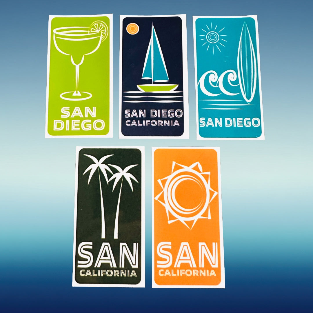 SAN DIEGO California Stickers, Surfing, Beaches, Sunsets, Glossy Vinyl Decals