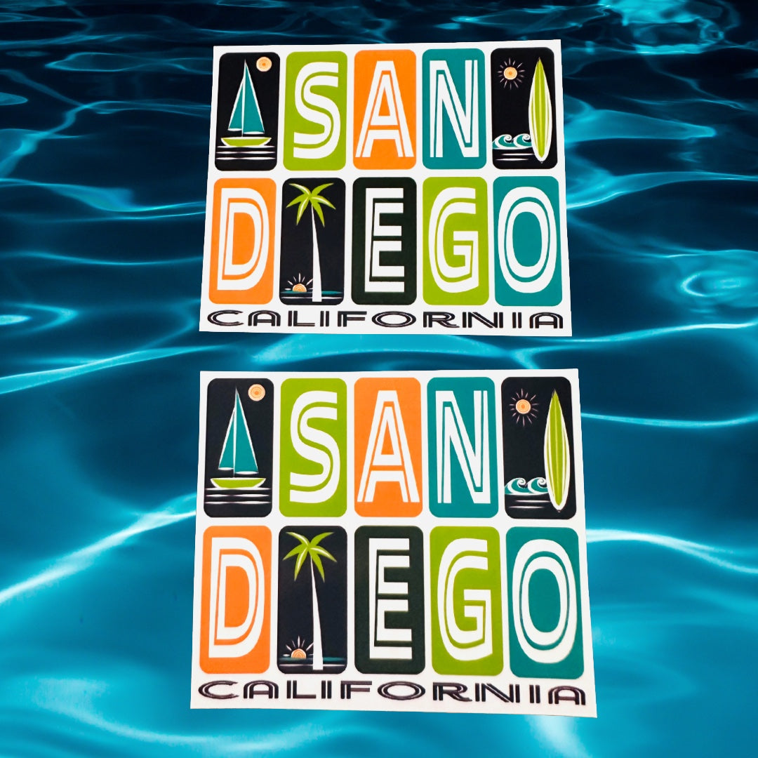 SAN DIEGO California Stickers, Surfing, Beaches, Sunsets, Glossy Vinyl Decals