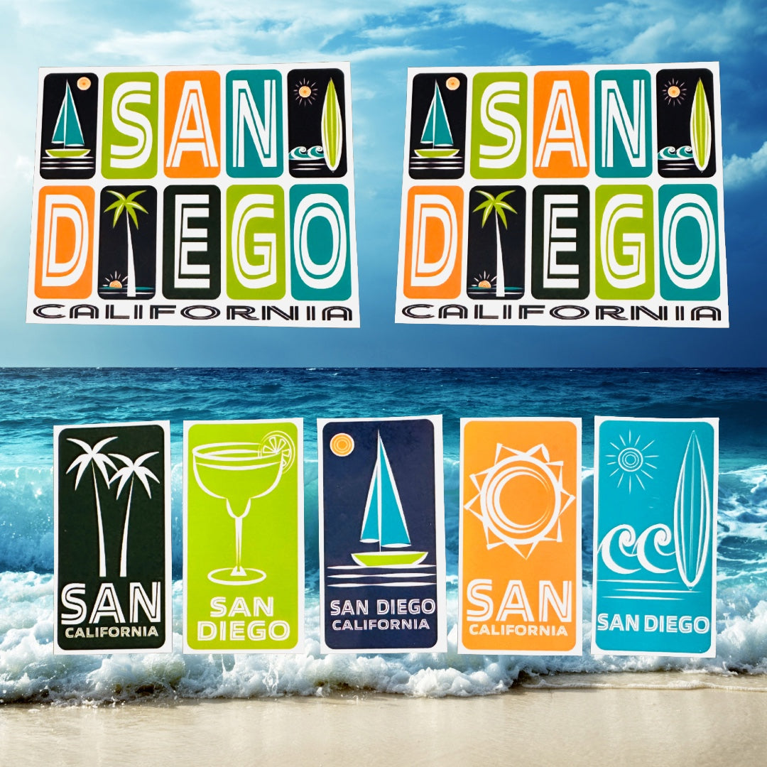 SAN DIEGO California Stickers, Surfing, Beaches, Sunsets, Glossy Vinyl Decals