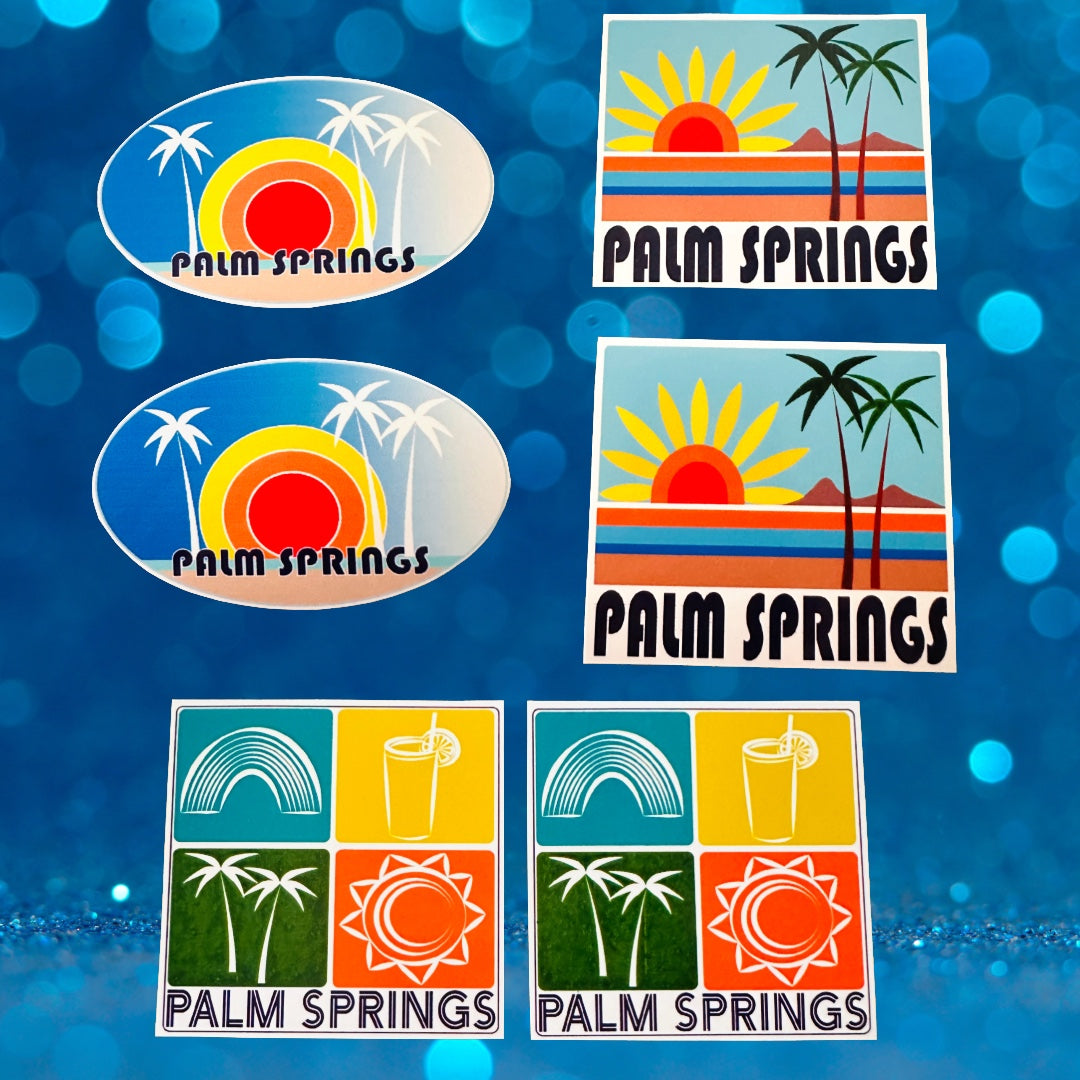 PALM SPRINGS Stickers Landscape or Icons sun palms cocktails glossy decals
