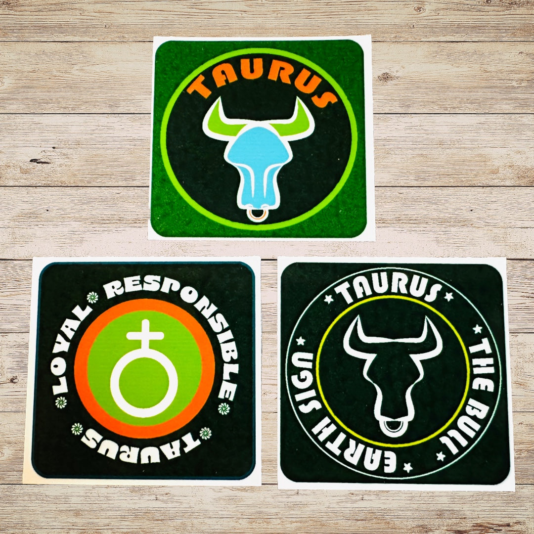 TAURUS Bold Colorful Characteristic's & Traits Stickers Set of 3, Glossy Vinyl Decals