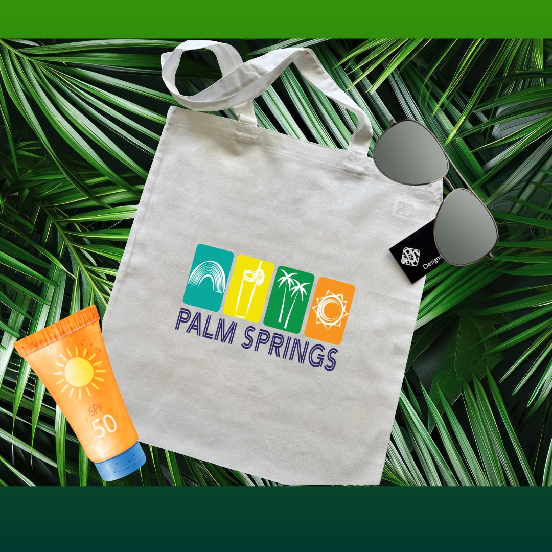 White PALM SPRING Fun in the sun Cotton Reusable Tote Bag