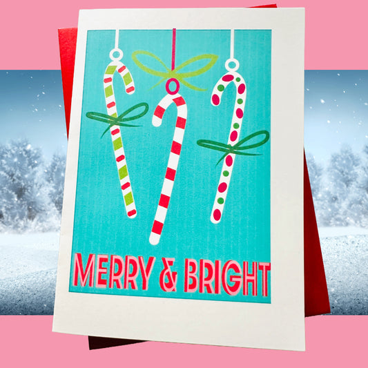 MERRY & BRIGHT CANDY CANE Holiday Boxed Stationery Greeting card set of 10 size 5 X 7