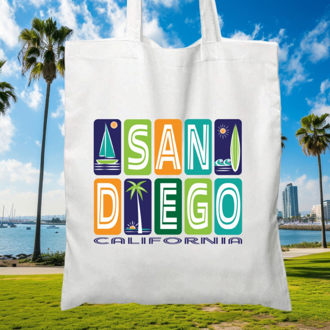 San Diego California Beach Surf, Sail & Palms graphic Cotton Reusable Tote Bag
