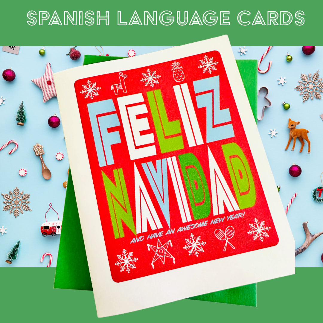 Feliz Navidad & Have an Awesome New Year! Holiday Boxed Greeting card set of 10 size A2