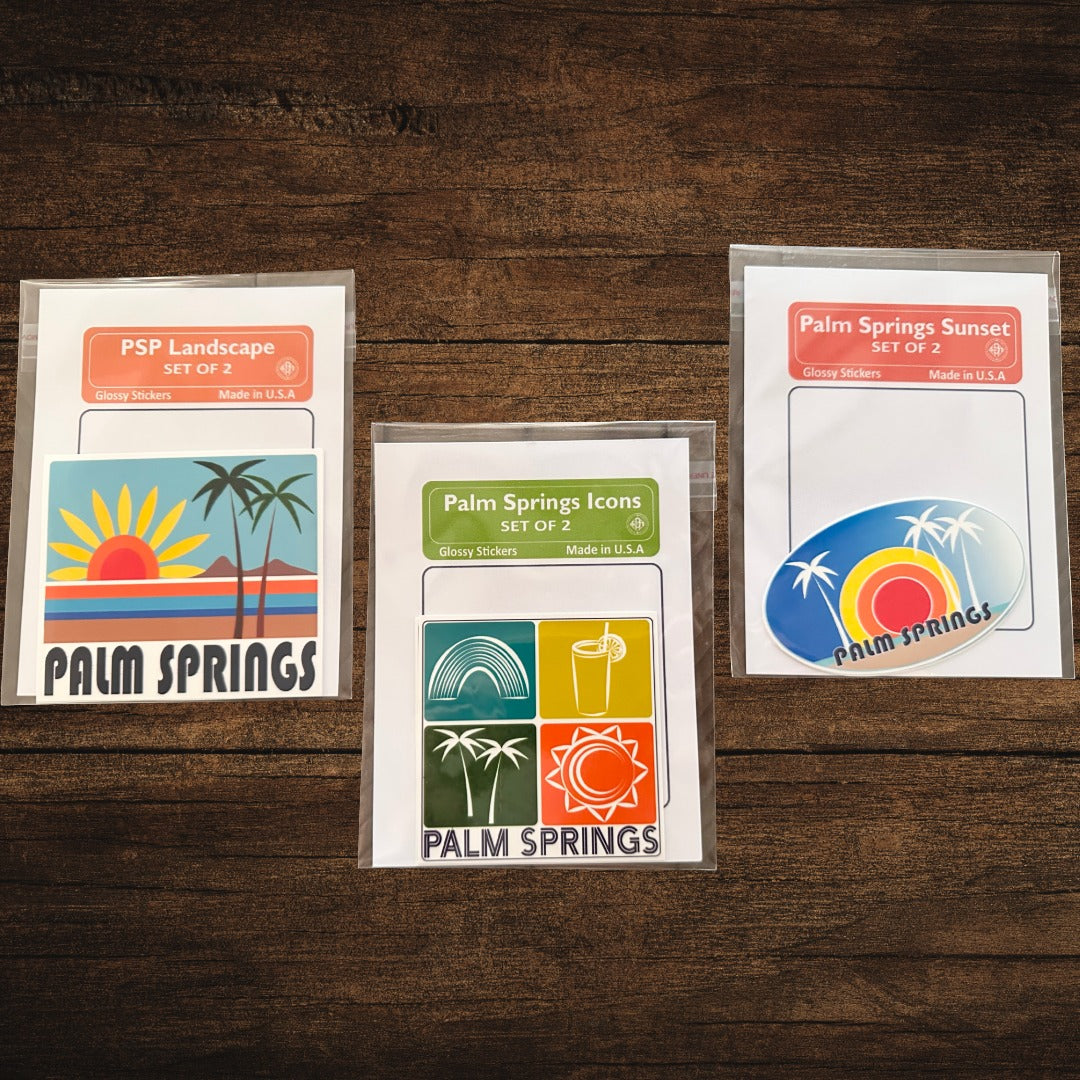 PALM SPRINGS Stickers Landscape or Icons sun palms cocktails glossy decals