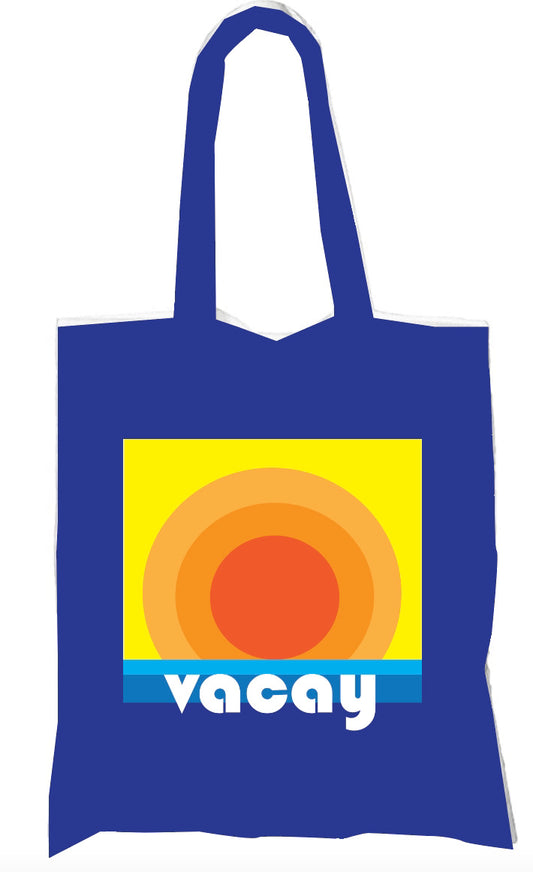 Blue VACAY SUNSET Beach or Pool Unisex Cotton Reusable Tote Bag