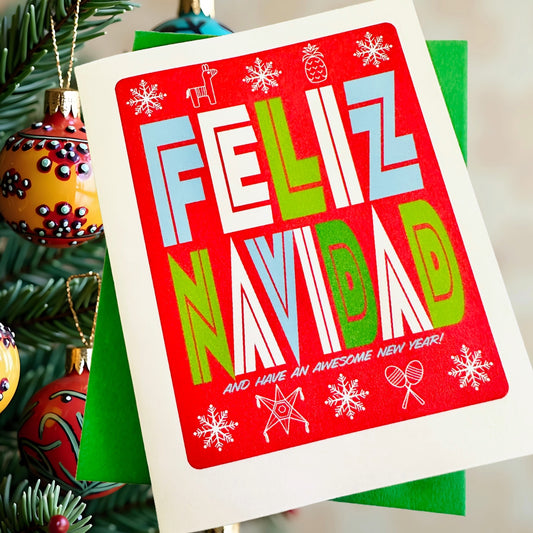 Feliz Navidad & Have an Awesome New Year! Holiday Boxed Christmas cards set of 10
